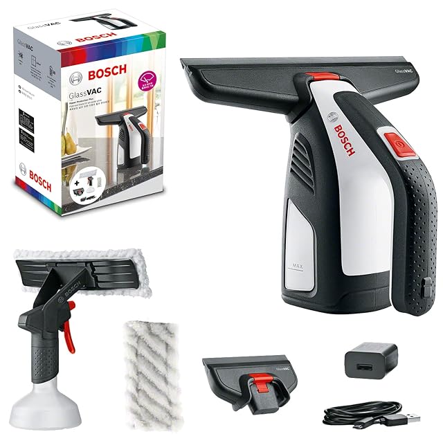 Nettoyeur de vitres sans fil Bosch GlassVAC avec pulvérisateur et bonnette microfibre, photographie produit