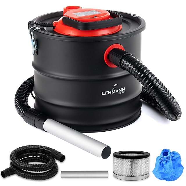 Aspirateur à cendres Lehmann 15 litres avec cuve métallique, carter de filtre HEPA et flexible métallique, photographie produit